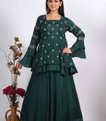 Green long jacket with skirt with hand embroidery