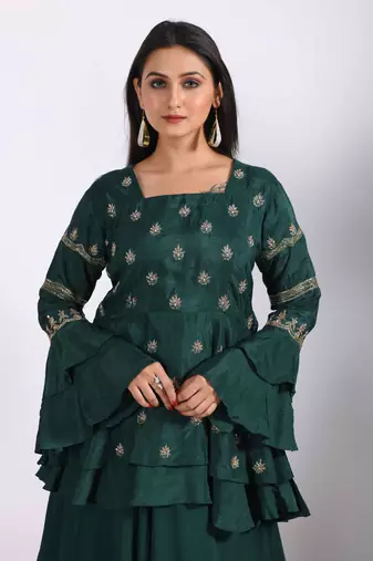 Green long jacket with skirt with hand embroidery