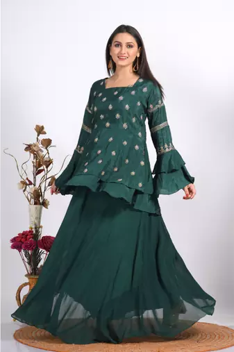 Green long jacket with skirt with hand embroidery