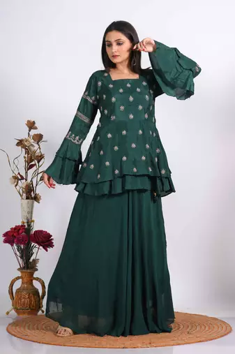 Green long jacket with skirt with hand embroidery