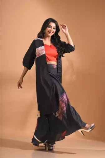 Multicolour  pinted plazo set with long jacket