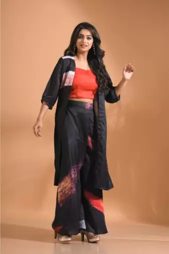 Multicolour  pinted plazo set with long jacket