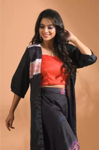 Multicolour  pinted plazo set with long jacket