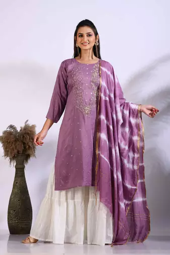 Purple Handwork kurta and Palazzo with dupatta set stitched