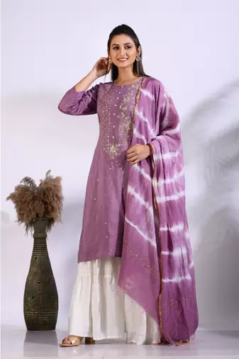 Purple Handwork kurta and Palazzo with dupatta set stitched