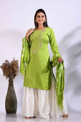Green Handwork kurta and Palazzo with dupatta set stitched 1