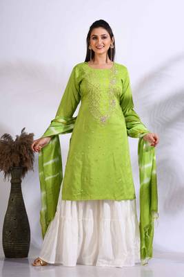 Green Handwork kurta and Palazzo with dupatta set stitched 3