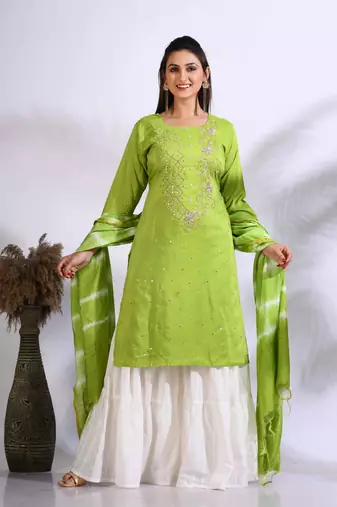 Green Handwork kurta and Palazzo with dupatta set stitched