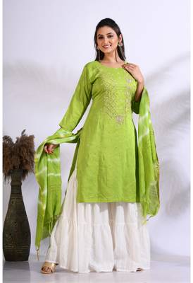 Green Handwork kurta and Palazzo with dupatta set stitched 4