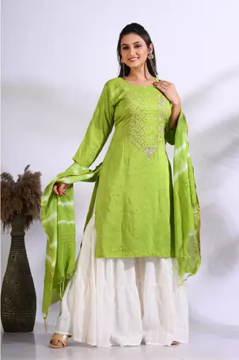 Green Handwork kurta and Palazzo with dupatta set stitched