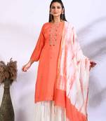 Peach Handwork kurta and Palazzo with dupatta set stitched
