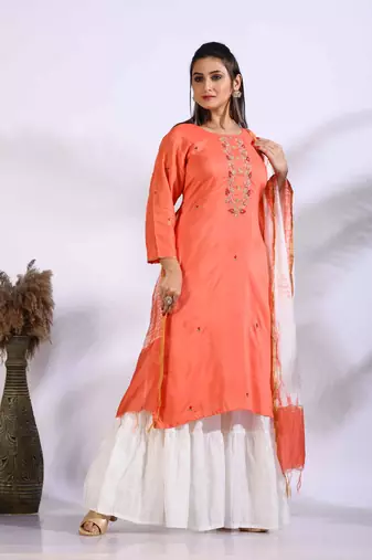 Peach Handwork kurta and Palazzo with dupatta set stitched