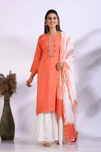 Peach Handwork kurta and Palazzo with dupatta set stitched