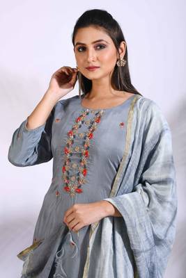 Grey Handwork kurta and Palazzo with dupatta set stitched 2