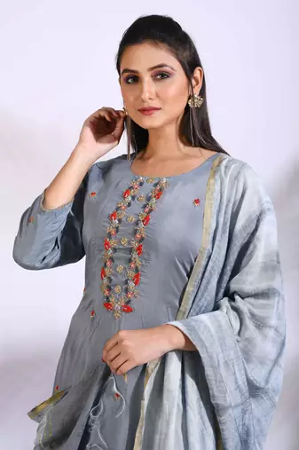 Grey Handwork kurta and Palazzo with dupatta set stitched
