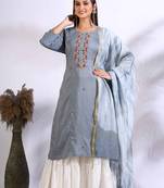 Grey Handwork kurta and Palazzo with dupatta set stitched