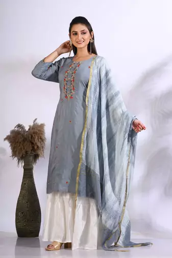 Grey Handwork kurta and Palazzo with dupatta set stitched