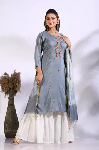 Grey Handwork kurta and Palazzo with dupatta set stitched