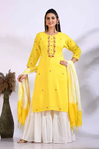 Yellow Handwork kurta and Palazzo with dupatta set stitched