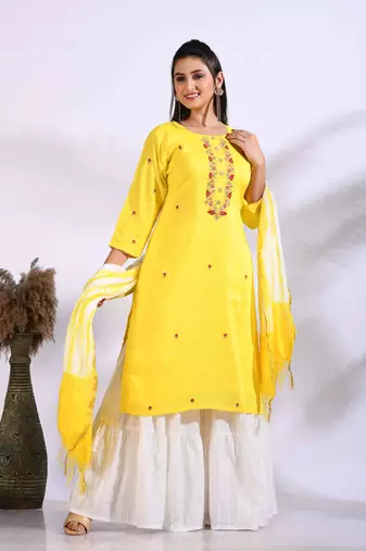Yellow Handwork kurta and Palazzo with dupatta set stitched