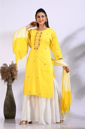 Yellow Handwork kurta and Palazzo with dupatta set stitched