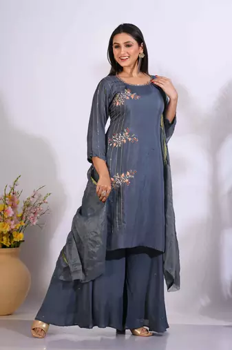 Grey Handwork kurta and Palazzo with dupatta set stitched