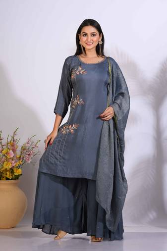 Grey Handwork kurta and Palazzo with dupatta set stitched