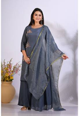 Grey Handwork kurta and Palazzo with dupatta set stitched 4