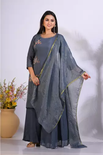 Grey Handwork kurta and Palazzo with dupatta set stitched