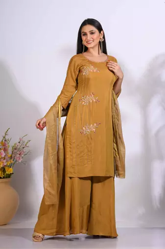 Mustard Handwork kurta and Palazzo with dupatta set stitched