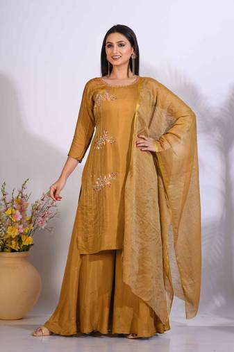 Mustard Handwork kurta and Palazzo with dupatta set stitched
