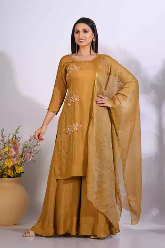Mustard Handwork kurta and Palazzo with dupatta set stitched