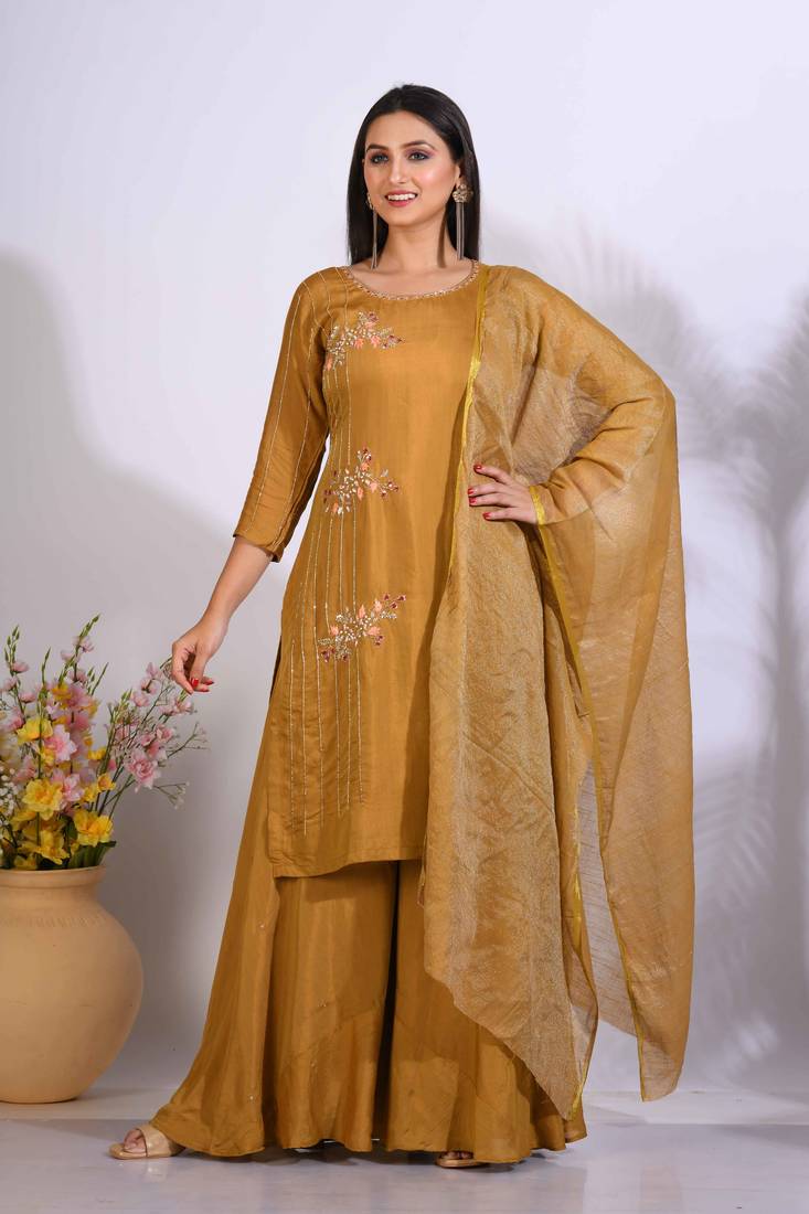 Mustard Handwork kurta and Palazzo with dupatta set stitched