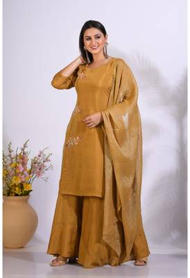 Mustard Handwork kurta and Palazzo with dupatta set stitched 4