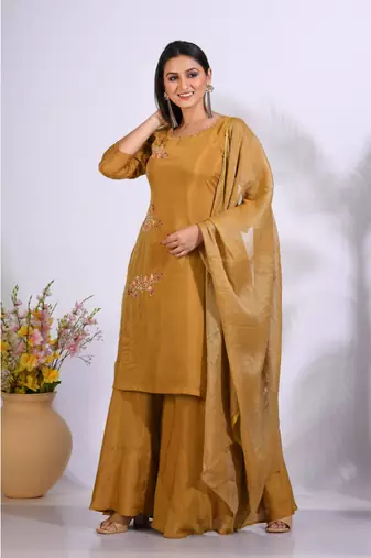 Mustard Handwork kurta and Palazzo with dupatta set stitched