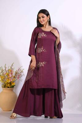 Maroon Handwork kurta and Palazzo with dupatta set stitched 1