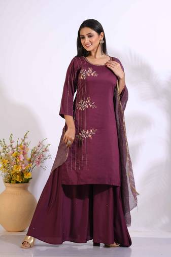 Maroon Handwork kurta and Palazzo with dupatta set stitched