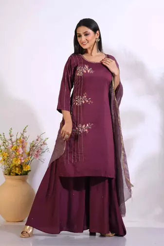 Maroon Handwork kurta and Palazzo with dupatta set stitched
