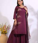 Maroon Handwork kurta and Palazzo with dupatta set stitched