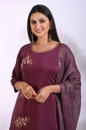 Maroon Handwork kurta and Palazzo with dupatta set stitched