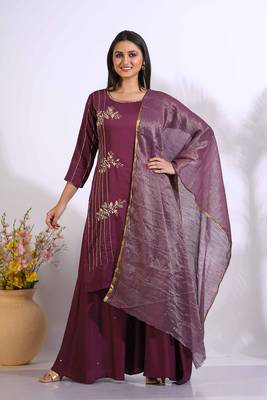 Maroon Handwork kurta and Palazzo with dupatta set stitched 3