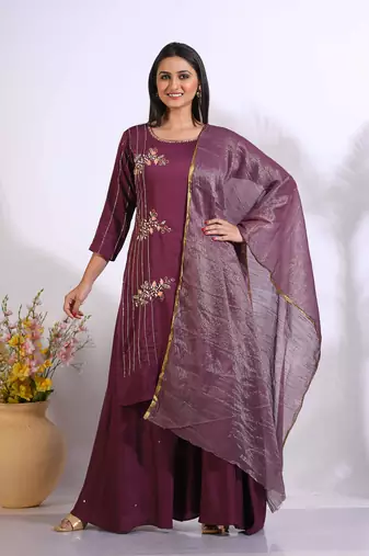 Maroon Handwork kurta and Palazzo with dupatta set stitched