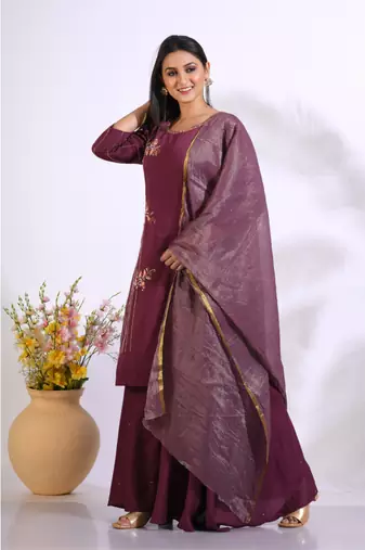 Maroon Handwork kurta and Palazzo with dupatta set stitched