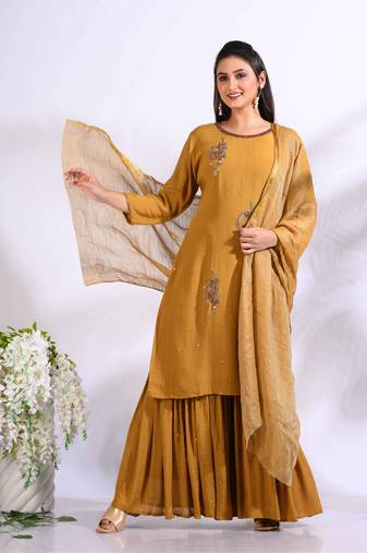 Mustard Handwork kurta and Palazzo with dupatta set stitched