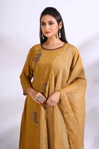 Mustard Handwork kurta and Palazzo with dupatta set stitched