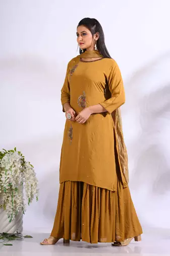 Mustard Handwork kurta and Palazzo with dupatta set stitched