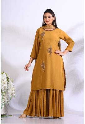 Mustard Handwork kurta and Palazzo with dupatta set stitched 4