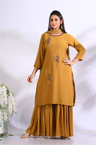 Mustard Handwork kurta and Palazzo with dupatta set stitched