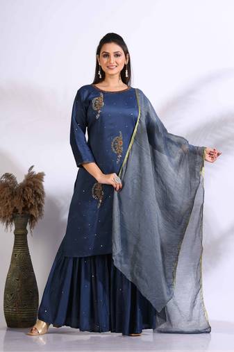 Blue Handwork kurta and Palazzo with dupatta set stitched