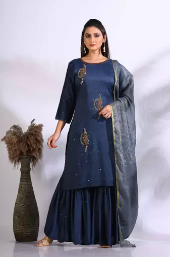 Blue Handwork kurta and Palazzo with dupatta set stitched